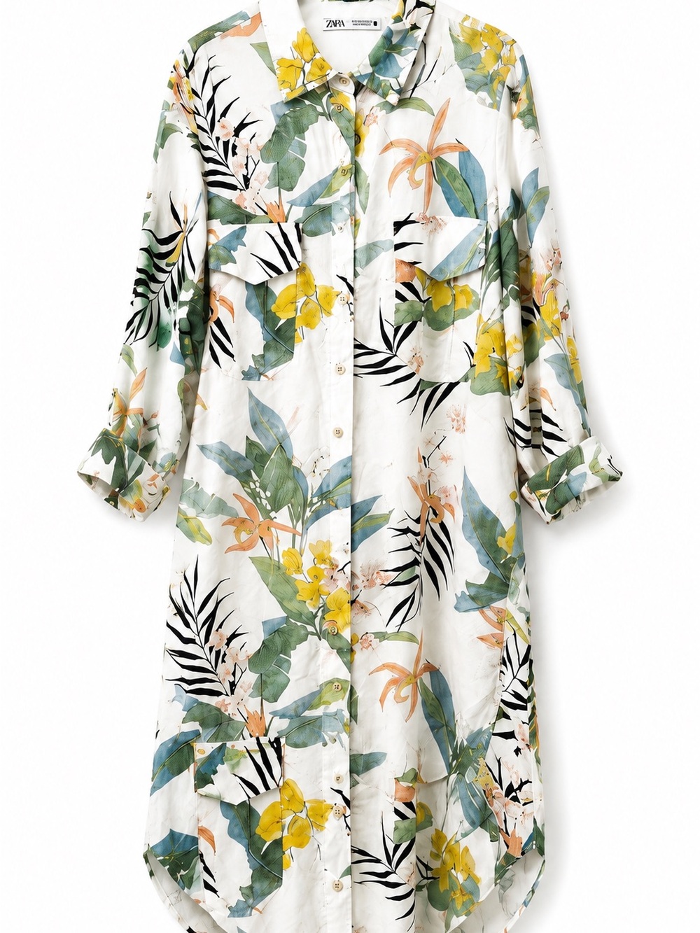Zara White Tropical Floral Button-Front Shirt Dress